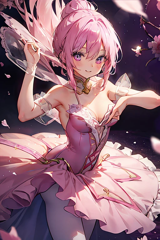 A pink haired woman with violet eyes with an hourglass figure in a ballet uniform with her hair in a bun is posing in a flurry of peony petals with a big smile