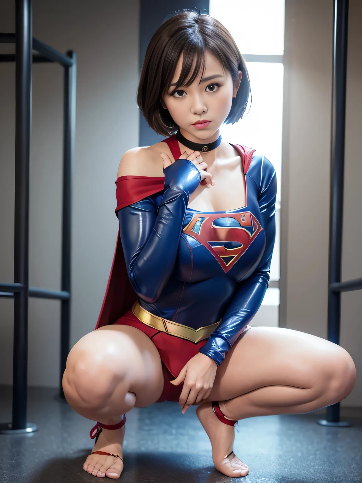 masterpiece、Supergirl Costume、short hair、barefoot、Big and ample breasts、Crisis situation、Complete surrender、Inside the prison、torture chamber、Abused、Humiliating torture、Squatting Pose、shiny sweaty skin、looking at the camera、choker、Long sleeve、Sexy poses to seduce、Off the shoulder、latex、from right in front、Crotch tearing、athlete、High leg、Enchanting、