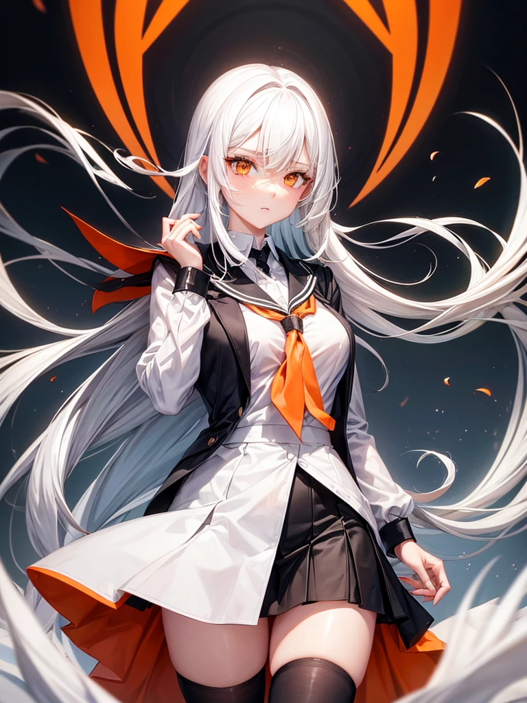 Hot woman, white hair, orange eyes, black school clothes, mini skirt