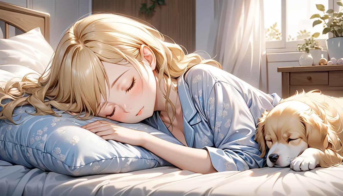 Elf woman sleeping face down in a large bed, she is wearing silk pajamas, relaxed expression, long loosely wavy blonde hair, sleeping with her pet dog, the dog is curled up on her and sleeping, morning soft light pours in, calm atmosphere, detailed and clear drawing, warm and gentle color
(Highest quality, 8K quality, Masterpiece: 1.3, High resolution, Tabletop: 1.2, Realism: 1.3), Front view: 0.3, Full body Esbian: 1.3, (Well-groomed hair), Beautiful face, (Young gravure idol,), (Perfect face down to the smallest detail), Normal hands: 1.5, Normal fingers: 1:5, Normal legs: 1.5