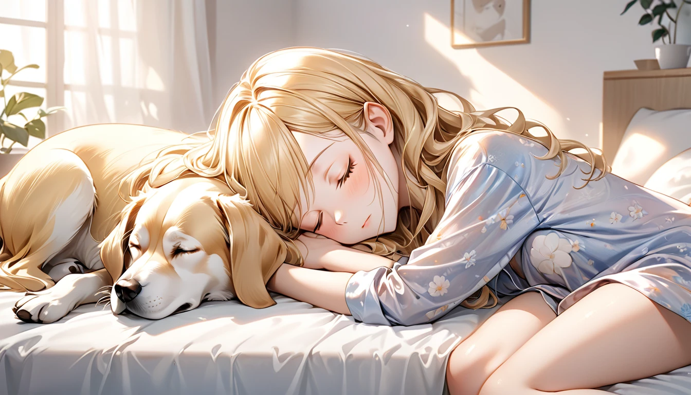 Elf woman sleeping face down in a large bed, she is wearing silk pajamas, relaxed expression, long loosely wavy blonde hair, sleeping with her pet dog, the dog is curled up on her and sleeping, morning soft light pours in, calm atmosphere, detailed and clear drawing, warm and gentle color
(Highest quality, 8K quality, Masterpiece: 1.3, High resolution, Tabletop: 1.2, Realism: 1.3), Front view: 0.3, Full body Esbian: 1.3, (Well-groomed hair), Beautiful face, (Young gravure idol,), (Perfect face down to the smallest detail), Normal hands: 1.5, Normal fingers: 1:5, Normal legs: 1.5