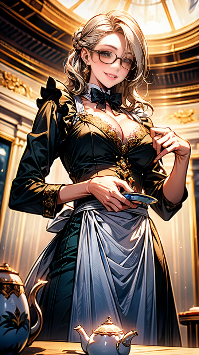 (Highest quality, masterpiece), (Ultra-high resolution, 8k RAW photos, Photorealistic:1.5, Cinema Lighting, Fabric Shading, Thin contours, Clear focus:1.2), Beautiful mature woman making tea_Garden party, Standing by the round table, (pouring tea from a teapot into a cup:1.2), Leaning forward, (Meisen tea set, you can, Tea cup, Some cakes on a plate), Delicate and elegant English style white table with gold accents and royal decorations。_green, (Wearing a dark green maid outfit:1.5, Cleavage, Green maid costume:1.2, Long Flared Skirt, apron, Bow tie on chest), Tall Sally, Long legs, Gray Hair, (Wearing thin glasses:1.2), (Mature Woman:1.5, 28 years old, alone), (Large Breasts, Saggy breasts, big , Tight waist), whole bodyesbian, (medium short Gray Hair, Hair on one eye, (Updo:1.2), Side Lock, Asymmetrical Hair, Wavy Hair), (thin and bright pupils, Highlighted, detailed eyes:1.3, A face with attention to detail, perfect face shape, Bloodshot eyes), (Happy smile, Half-close your eyes:1.2), (Looking at the audience:1.3), (Dutch Angle, whole body:0.3, From below:1.2), ((Correct Anatomy:1.5, The right move)), (Ideal body proportions), (Outdoor:1.2, grassland), 