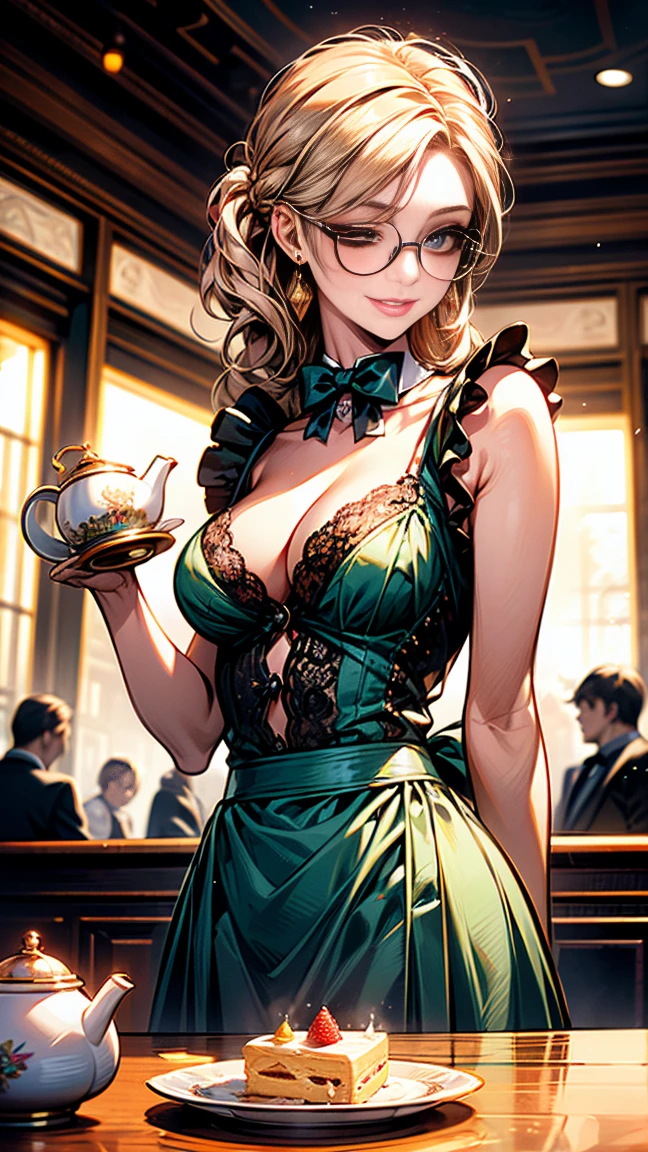 (Highest quality, masterpiece), (Ultra-high resolution, 8k RAW photos, Photorealistic:1.5, Cinema Lighting, Fabric Shading, Thin contours, Clear focus:1.2), Beautiful mature woman making tea_Garden party, Standing by the round table, (pouring tea from a teapot into a cup:1.2), Leaning forward, (Meisen tea set, you can, Tea cup, Some cakes on a plate), Delicate and elegant English style white table with gold accents and royal decorations。_green, (Wearing a dark green maid outfit:1.5, Cleavage, Green maid costume:1.2, Long Flared Skirt, apron, Bow tie on chest), Tall Sally, Long legs, Gray Hair, (Wearing thin glasses:1.2), (Mature Woman:1.5, 28 years old, alone), (Large Breasts, Saggy breasts, big , Tight waist), whole bodyesbian, (medium short Gray Hair, Hair on one eye, (Updo:1.2), Side Lock, Asymmetrical Hair, Wavy Hair), (thin and bright pupils, Highlighted, detailed eyes:1.3, A face with attention to detail, perfect face shape, Bloodshot eyes), (Happy smile, Half-close your eyes:1.2), (Looking at the audience:1.3), (Dutch Angle, whole body:0.3, From below:1.2), ((Correct Anatomy:1.5, The right move)), (Ideal body proportions), (Outdoor:1.2, grassland),