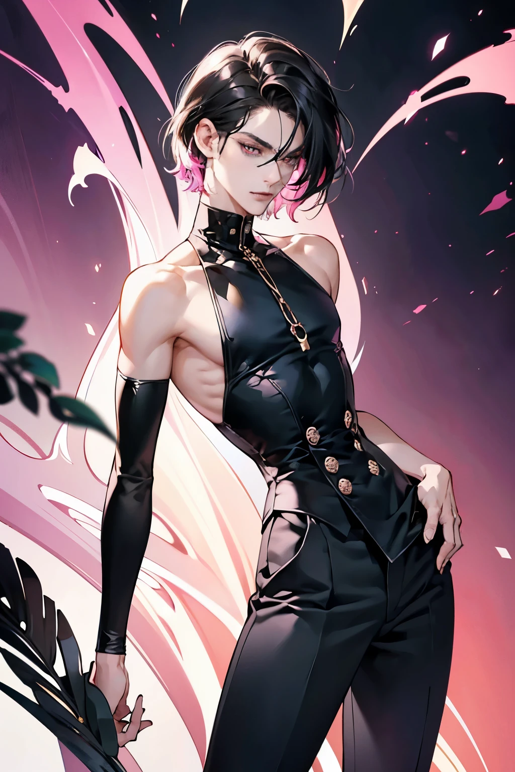 This is a highly detailed, digital painting of a stunningly beautiful male incubus. He has short, stylishly tousled black hair with vibrant pink highlights that almost seem to shimmer.
The incubus’ eyes are a captivating, piercing shade of blue that draw the viewer in with their intense, smoldering gaze. His facial features are delicate and slightly feminine, yet he maintains a distinctly masculine presence and aura of seductive allure.
The incubus’ physique is lithe and slender, with a narrow, almost feminine waist that contrasts with his broad shoulders and masculine frame. This fusion of masculine and feminine traits gives him an androgynous, irresistibly attractive appearance.
The incubus is dressed in a revealing, androgynous outfit consisting of a tight-fitting black top with sheer, pink accents that accentuate his toned torso. The bottom half is a pair of form-fitting black shorts that highlight his long, slender legs.
The composition should emphasize the incubus’ captivating beauty and aura of supernatural sensuality. The lighting should be dramatic, with deep shadows and highlights that accentuate the contours of his body and facial features.
The background should be subtly ominous or otherworldly, hinting at the incubus’ demonic origins without being overly distracting.
Key details to prevent issues:
Ensure the eyes are properly shaped, with accurate proportions and depth
Hands should be anatomically correct, with proper finger and joint placement
Avoid any uncanny or unsettling details that could detract from the alluring, seductive aesthetic
Overall, the goal is to create a breathtakingly beautiful, yet subtly unsettling depiction of a powerful, androgynous male incubus that captivates and captivates the viewer.