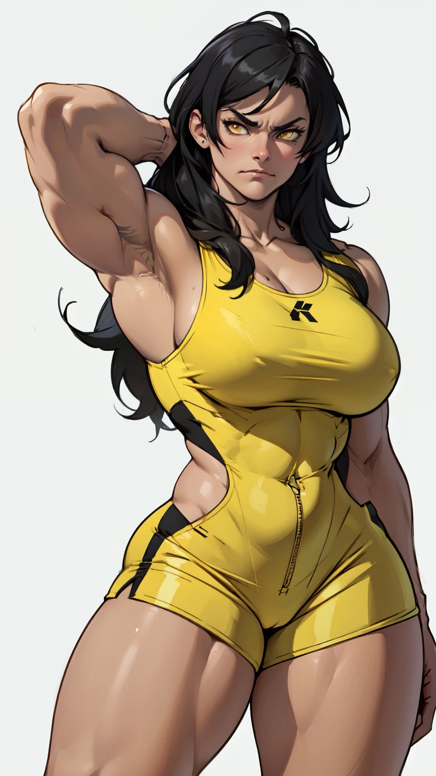 girl ((1girl)) pale skin (muscular) toned body thick thighs black hair yellow eyes long hair (grey background) bodybuilder frowning (tight romper) massive thick thick thick thick thick