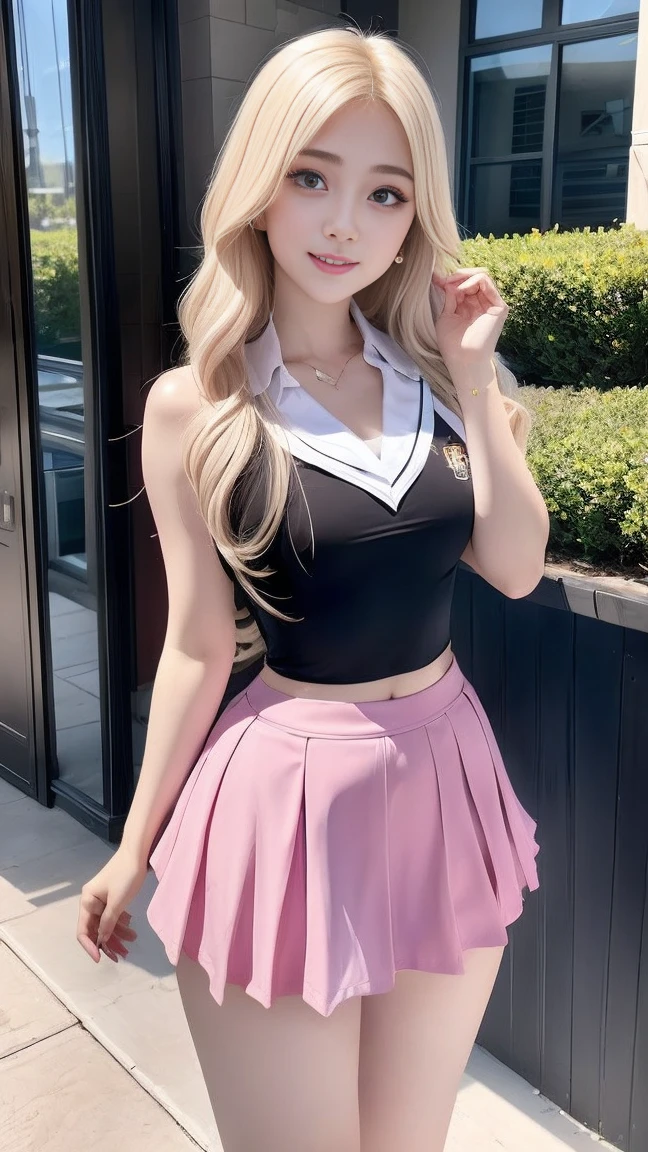 top-quality、realistic touch,high-detail、photoRealstic、Long body、captive beauty、big eye、huge trong platinum blonde eyelashes、platinum-blonde、Beautie、A sexy、full body Esbian、Sparkling eyes、Submissive smile、Flushed cheeks、Kamimei、thin-waist、Voluptuous thighs、Enraptured look、Raked bangs、The forehead is protruding、Corset to emphasize the brest、sleeveless、High school student in sailor suit、skirts that are too short