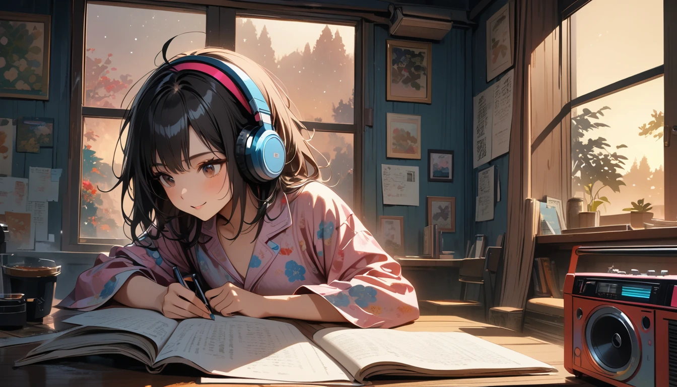((8k of extremely detailed CG unit, Masterpiece, high resolution, highest quality, highest quality real texture skin)), (((Starry sky through a large window))), (((Japanese patterned pajamas))), (((Colorful Room))), (((Japanese style headphones))), (((iced coffee))), (((Smiling and studying at a desk))), ((1 girl)), (Black hair, messy hair, beige skin), (surreal, digital painting), (((Warm lighting))), (((Dimly lit room))), (((Boombox)))