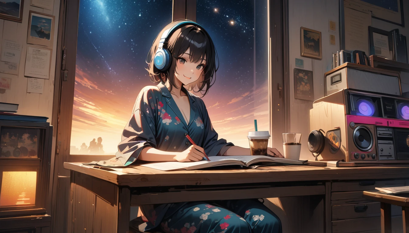 ((8k of extremely detailed CG unit, Masterpiece, high resolution, highest quality, highest quality real texture skin)), (((Starry sky through a large window))), (((Japanese patterned pajamas))), (((Colorful Room))), (((Japanese style headphones))), (((iced coffee))), (((Smiling and studying at a desk))), ((1 girl)), (Black hair, messy hair, beige skin), (surreal, digital painting), (((Warm lighting))), (((Dimly lit room))), (((Boombox)))