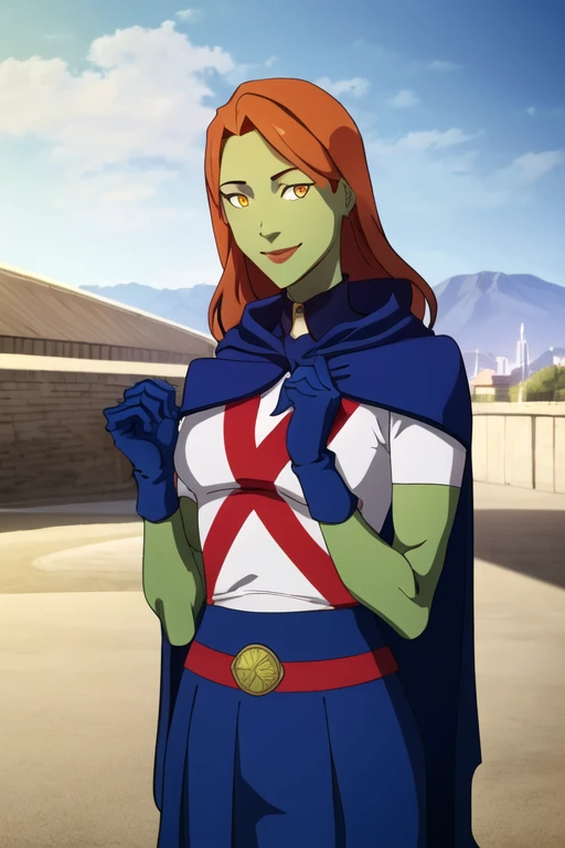 8k,highres,absurdres,masterpiece,best quality,original,extremely detailed CG,extremely detailed wallpaper,perfect, MissMartianYJ, girl1, solo, orange eyes, green skin, hair, White shirt, red X logo, blue gloves, long blue cape, short sleeves, blue skirt, smile, park, city