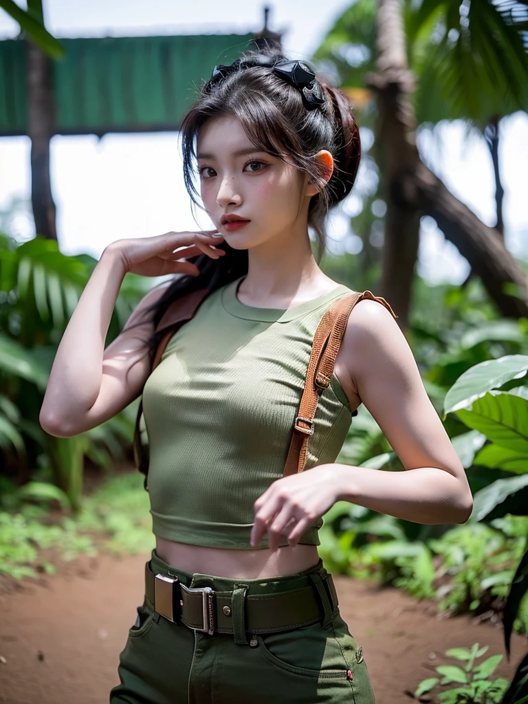 Chica linda como wang yiren, in jurassic park jurassic park with a little dinosaur.
