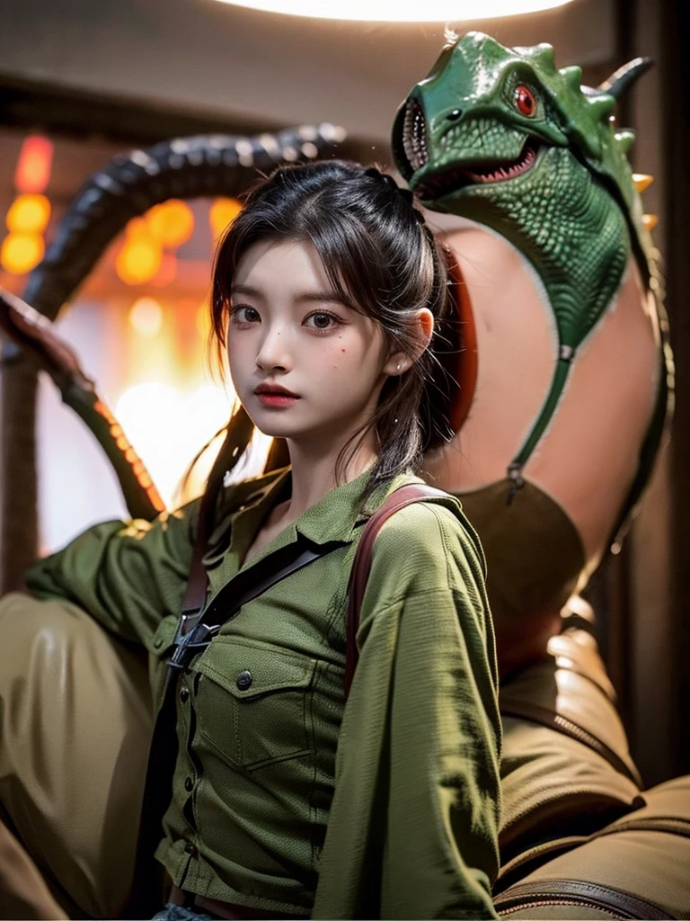 Chica linda como wang yiren, in jurassic park jurassic park with a little dinosaur.