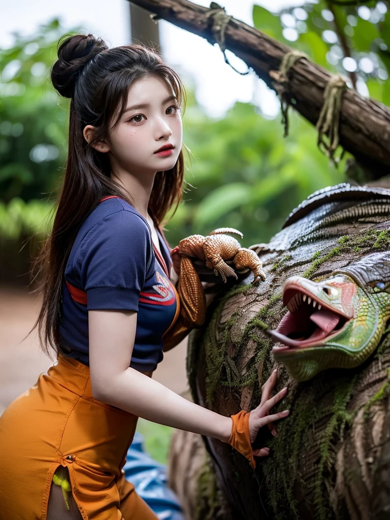 Chica linda como wang yiren, in jurassic park jurassic park with a little dinosaur.