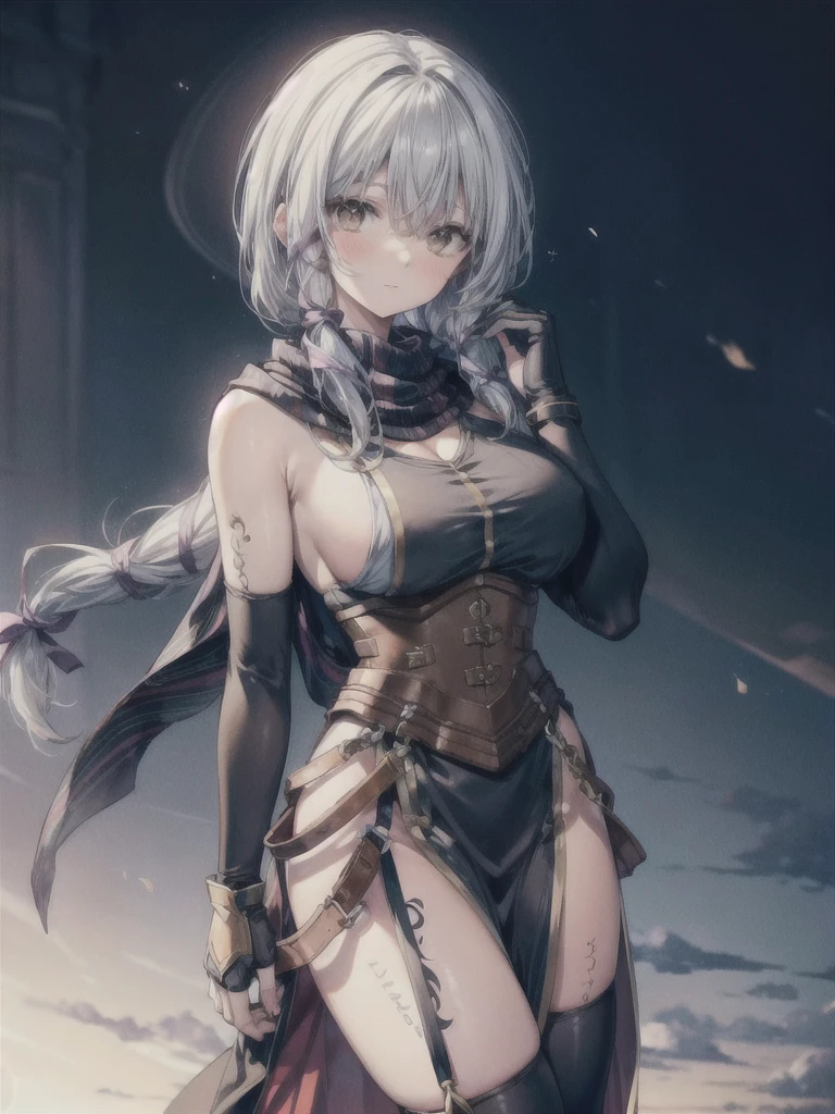 (masterpiece, highest quality, Perfect Anatomy, Fabric Shading, gleaming skin, Glowing Skin, Detailed skin),BREAK,
(clair lasbard),
(long ponytail, hair ribbon, striped scarf, black dress, corset, belt, fingerless gloves, thigh boots),
Full Body, ダイナミックポーズ, standing, light smile, BREAK,
lift up skirt, huge breasts, wide open cleavage), BREAK,
Late Night, Dark, BREAK