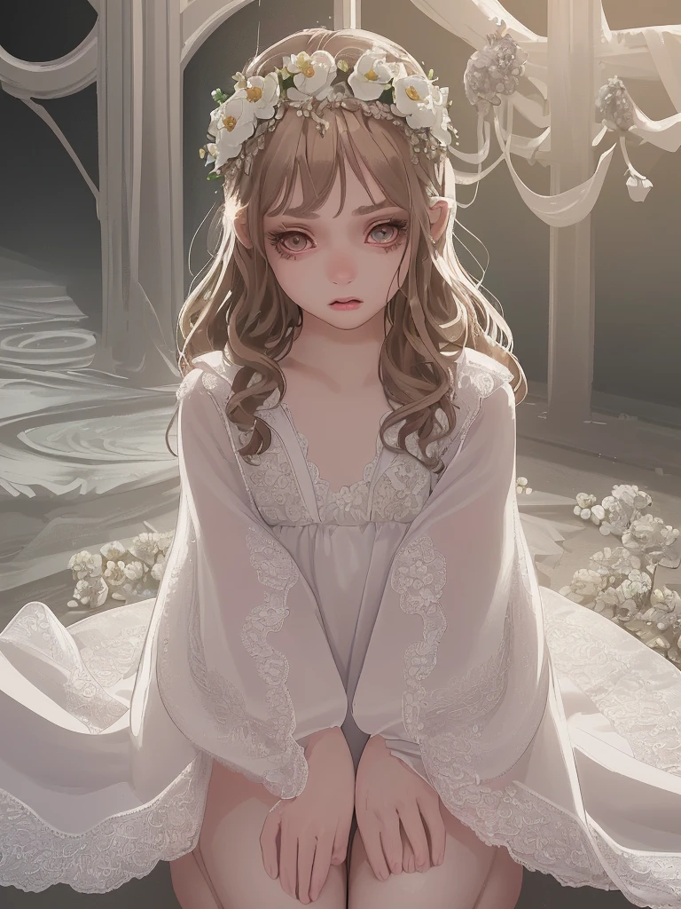 a young girl, 8 years old, extremely detailed face, beautiful detailed eyes, beautiful detailed lips, long eyelashes, angelic expression, innocent, scared, pristine white lace dress, flower crown, long wavy brown hair, kneeling on the ground, penis inserted into her anus, detailed ???????, photorealistic, unreal engine, 8k, high quality, masterpiece