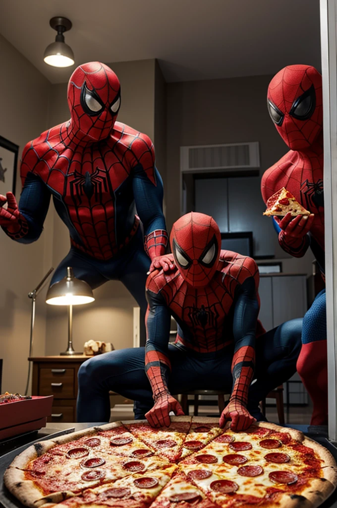 Many Spidermans eating pizza in an apartment