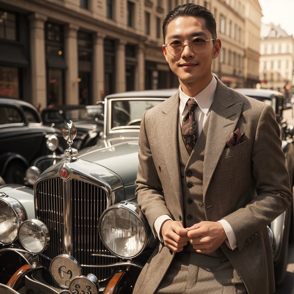 a handsome Korean man, 38 years old,with a feint smile,buzzcut hair,wearing a classic dandy outfit, classic trouser, and round frame sunglasses, standing posing next to a 1934 Cadillac Phaeton Convertible, fantastic realism, full shot, full shot, Canon lens EF 16-35mm f/2.8L III USM on Canon EOS 5D Mark IV camera, Professional Photography, Hyper-Realistic, Canon 1DX Mark III, 35mm, f/8, morning background on a classic Europa city street 1934, ultra HDR