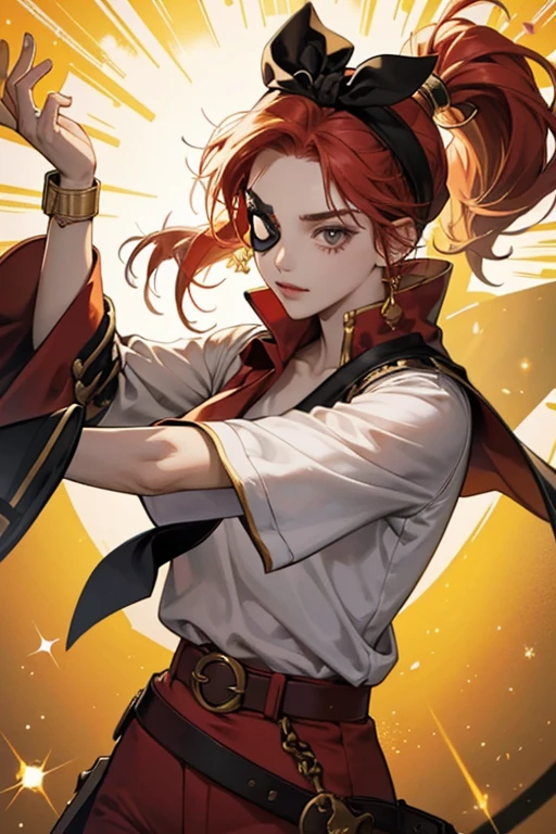 she looks like a stereotypical cartoon pirate, with an eye patch, a red pirate bandana with a yellow line across it, . Her eye patch sometimes opens to reveal herintact second eye. sHe wears a slightly torn grey shirt with the sleeves seemingly stitched on and has yellow cuffs. sHe also wears a black belt with a golden, rectangular buckle, with deep red pants. she has a deep red nose, , sHe dons a golden ear piercing. SPARKLE; GLITTER