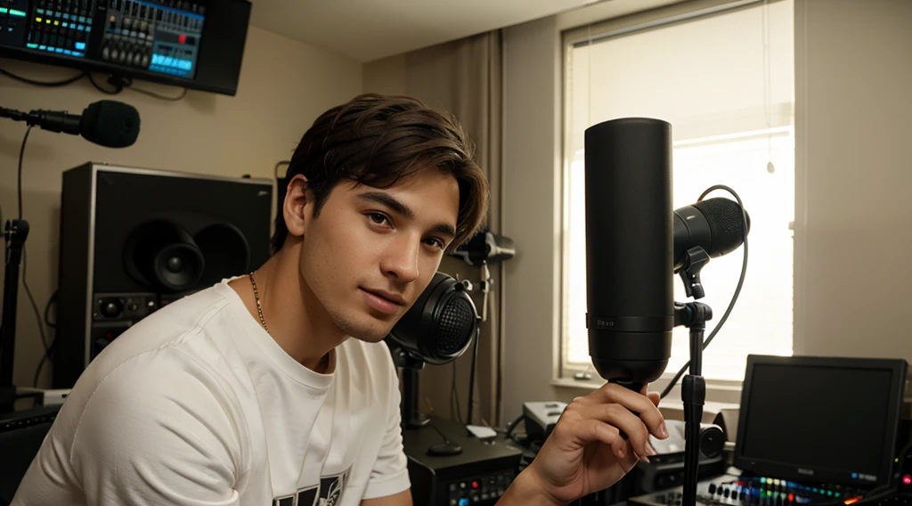 Christelik young man, in his recording studio