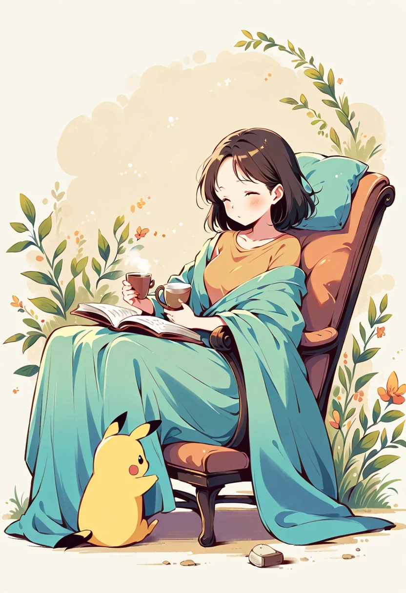 illustration of Pikachu relaxing in a cozy chair while reading a book. Pikachu should be sitting comfortably with a book open on its lap. Include a warm, inviting background with a small table holding a cup of tea and a soft blanket draped over the chair. The atmosphere should be peaceful and cozy.
