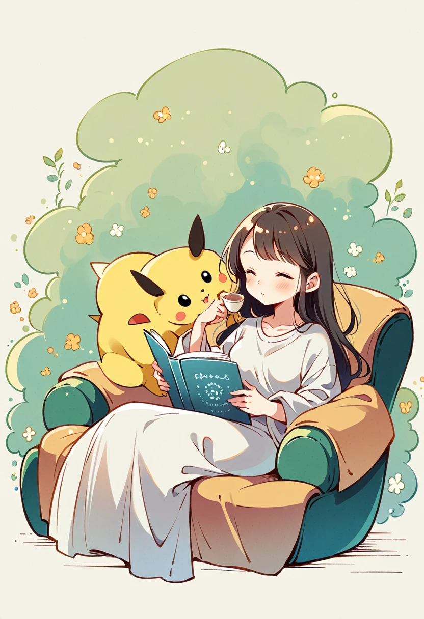 illustration of Pikachu relaxing in a cozy chair while reading a book. Pikachu should be sitting comfortably with a book open on its lap. Include a warm, inviting background with a small table holding a cup of tea and a soft blanket draped over the chair. The atmosphere should be peaceful and cozy.