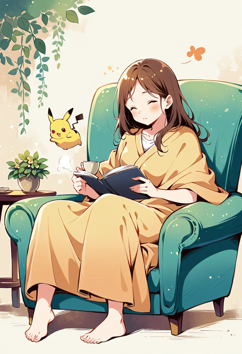 illustration of Pikachu relaxing in a cozy chair while reading a book. Pikachu should be sitting comfortably with a book open on its lap. Include a warm, inviting background with a small table holding a cup of tea and a soft blanket draped over the chair. The atmosphere should be peaceful and cozy.