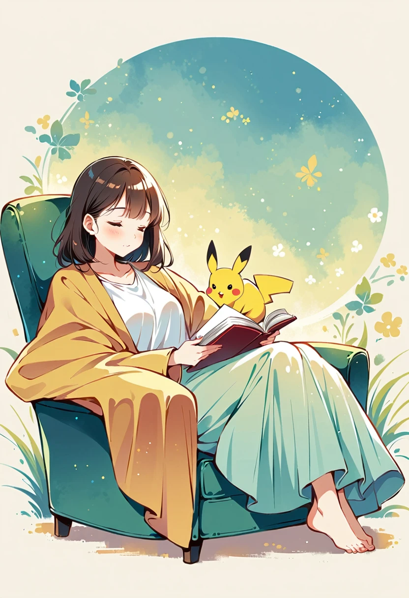 illustration of Pikachu relaxing in a cozy chair while reading a book. Pikachu should be sitting comfortably with a book open on its lap. Include a warm, inviting background with a small table holding a cup of tea and a soft blanket draped over the chair. The atmosphere should be peaceful and cozy.