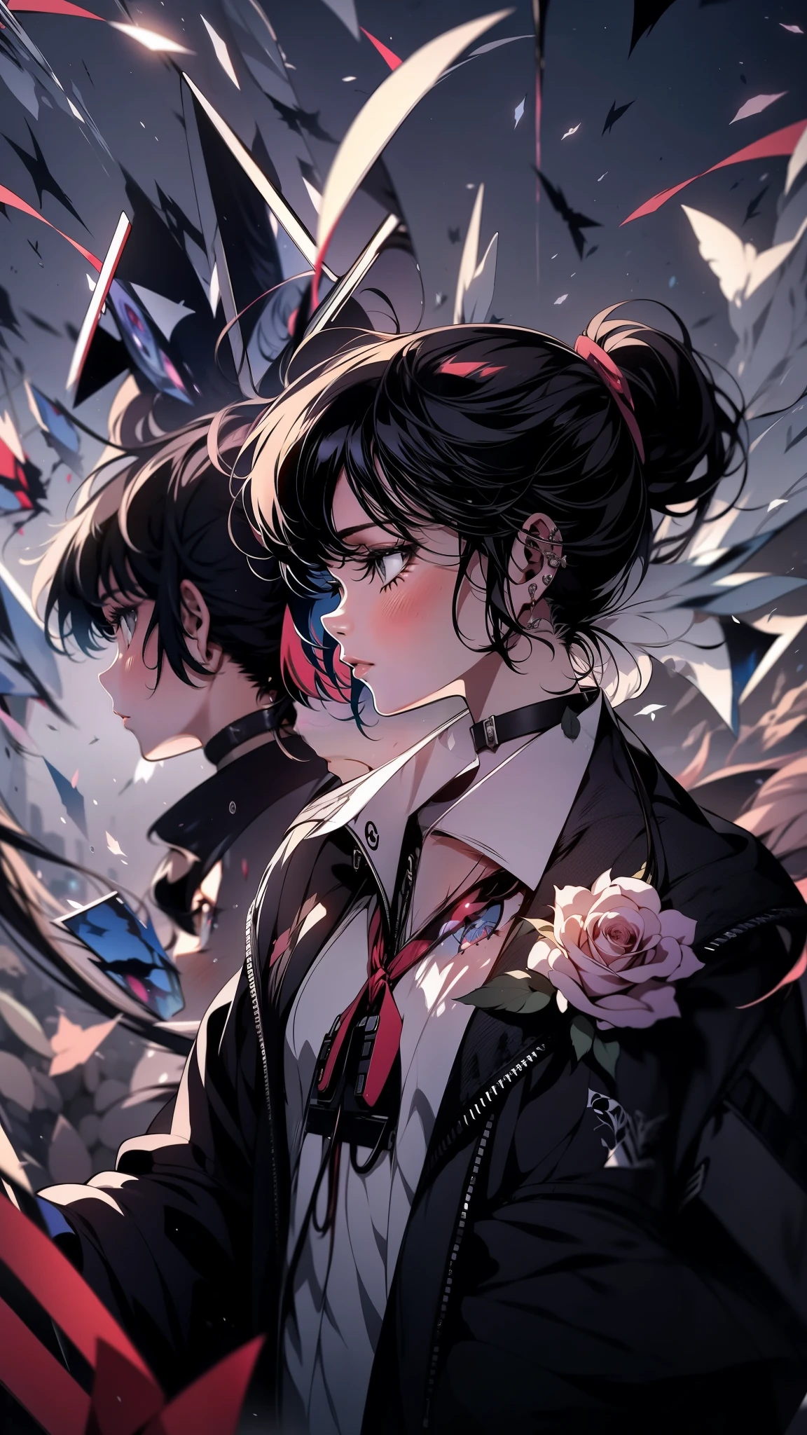A girl teenager looking determinedly towards the horizon, half-length shot, standing in an abstract setting that resembles a shattered mirror world, with a rose design on the fragmented ground. Modifiers: reflective surfaces, somber tones, depth of field, abasterpiece)), ((best quality)), ultra detailed,((illustration)), dynamic angle, detailed light, (delicate eyes), (ahoge:0.8),apathy, ray,frontage,style of anime4 k, 4k anime wallpaper, badass anime 8 k, 4 k comic wallpaper
