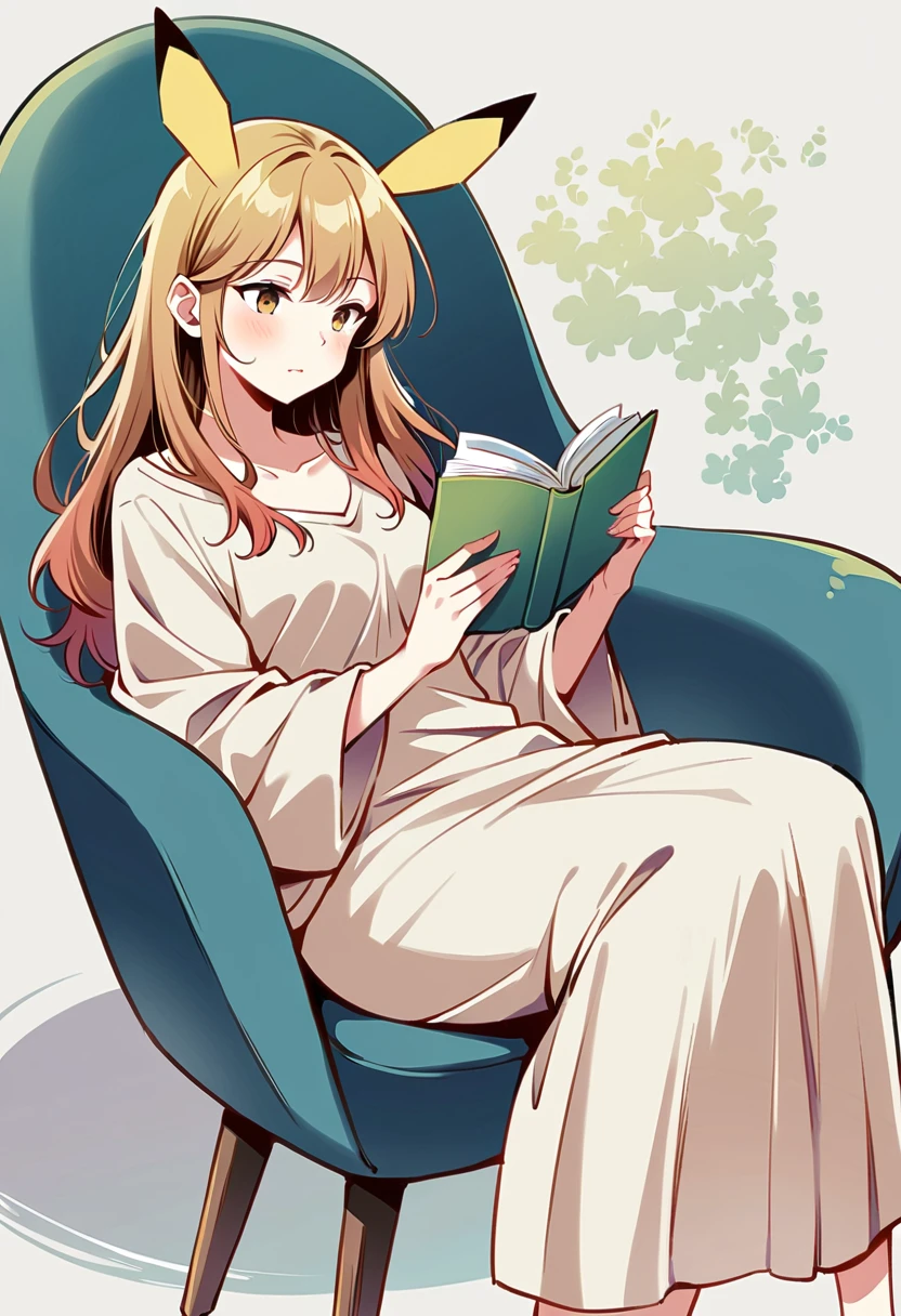 illustration of Pikachu relaxing in a cozy chair while reading a book. Pikachu should be sitting comfortably with a book open on its lap. Include a warm, inviting background with a small table holding a cup of tea and a soft blanket draped over the chair. The atmosphere should be peaceful and cozy.