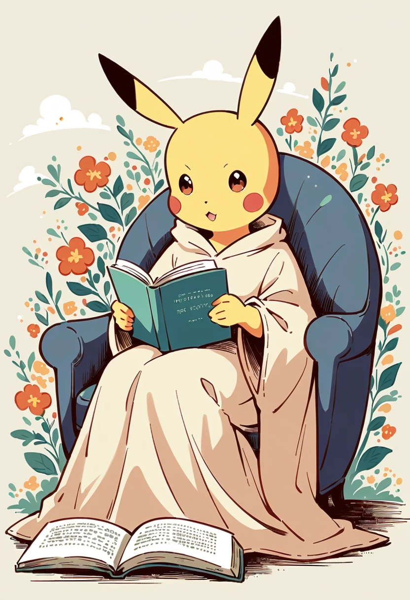  illustration of Pikachu relaxing in a cozy chair while reading a book. Pikachu should be sitting comfortably with a book open on its lap. Include a warm, inviting background with a small table holding a cup of tea and a soft blanket draped over the chair. The atmosphere should be peaceful and cozy.