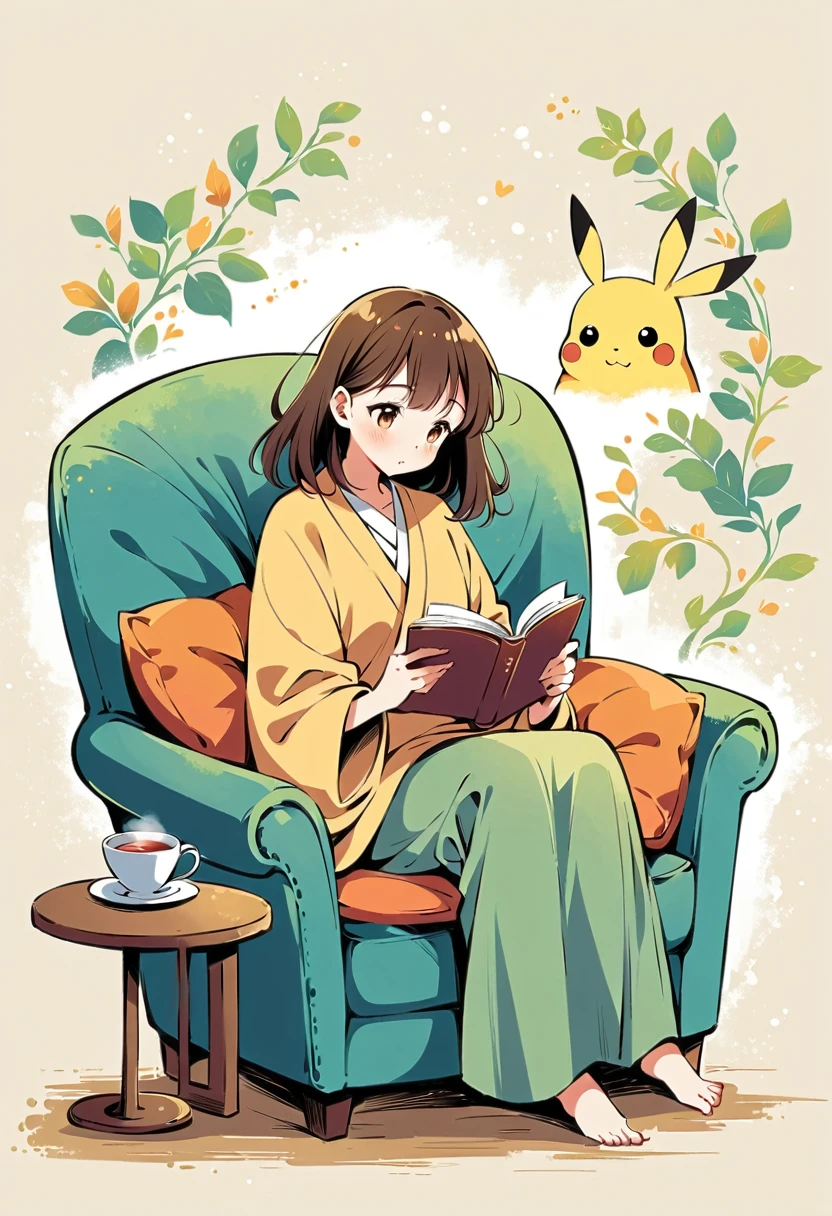  illustration of Pikachu relaxing in a cozy chair while reading a book. Pikachu should be sitting comfortably with a book open on its lap. Include a warm, inviting background with a small table holding a cup of tea and a soft blanket draped over the chair. The atmosphere should be peaceful and cozy.