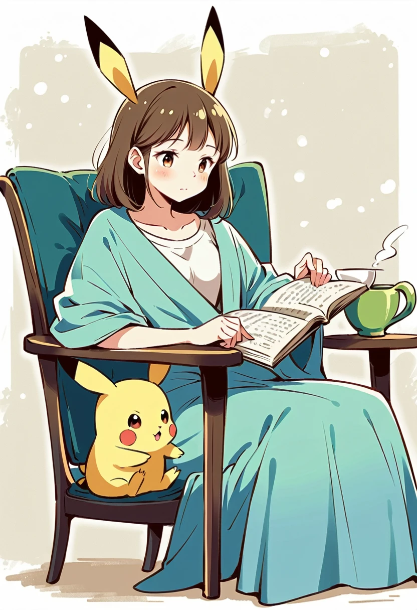 illustration of Pikachu relaxing in a cozy chair while reading a book. Pikachu should be sitting comfortably with a book open on its lap. Include a warm, inviting background with a small table holding a cup of tea and a soft blanket draped over the chair. The atmosphere should be peaceful and cozy.