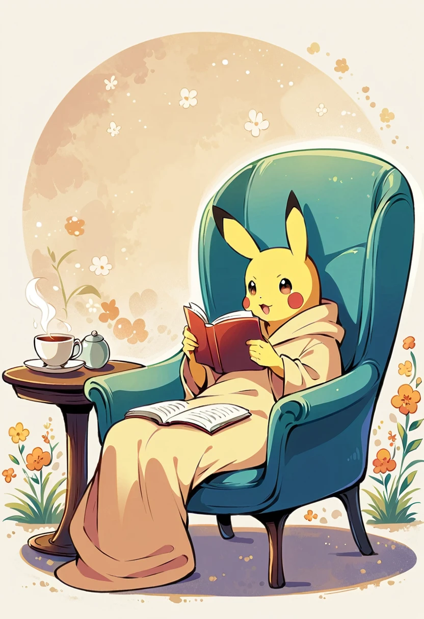  illustration of Pikachu relaxing in a cozy chair while reading a book. Pikachu should be sitting comfortably with a book open on its lap. Include a warm, inviting background with a small table holding a cup of tea and a soft blanket draped over the chair. The atmosphere should be peaceful and cozy.