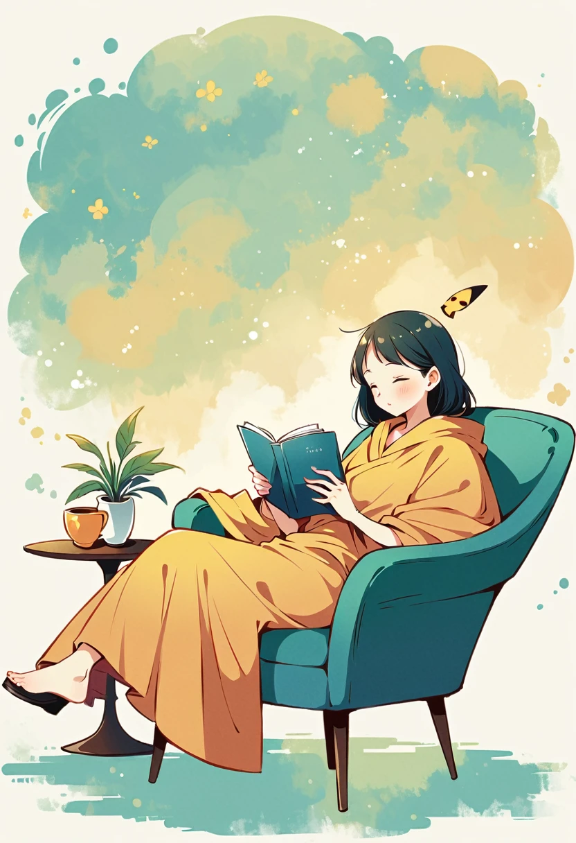 illustration of Pikachu relaxing in a cozy chair while reading a book. Pikachu should be sitting comfortably with a book open on its lap. Include a warm, inviting background with a small table holding a cup of tea and a soft blanket draped over the chair. The atmosphere should be peaceful and cozy.