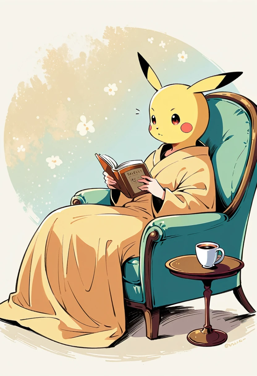 illustration of Pikachu relaxing in a cozy chair while reading a book. Pikachu should be sitting comfortably with a book open on its lap. Include a warm, inviting background with a small table holding a cup of tea and a soft blanket draped over the chair. The atmosphere should be peaceful and cozy.