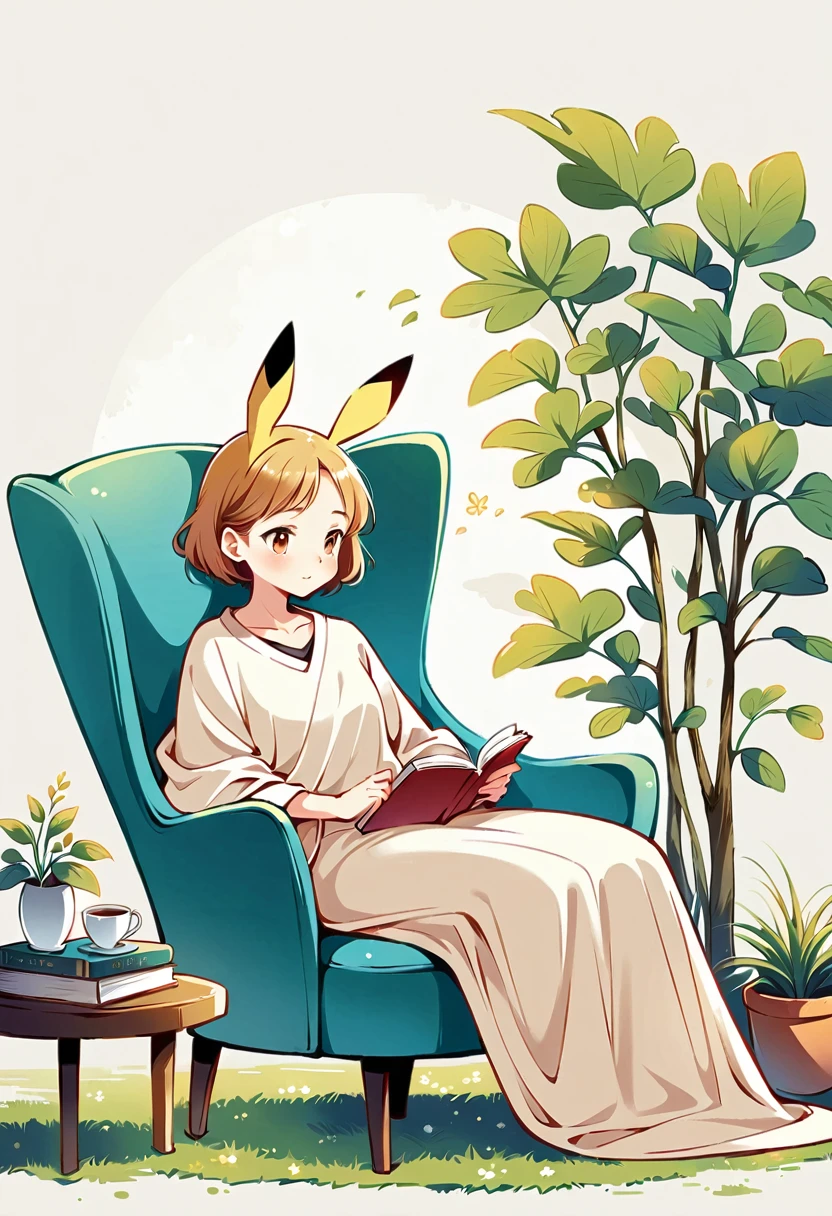  illustration of Pikachu relaxing in a cozy chair while reading a book. Pikachu should be sitting comfortably with a book open on its lap. Include a warm, inviting background with a small table holding a cup of tea and a soft blanket draped over the chair. The atmosphere should be peaceful and cozy.