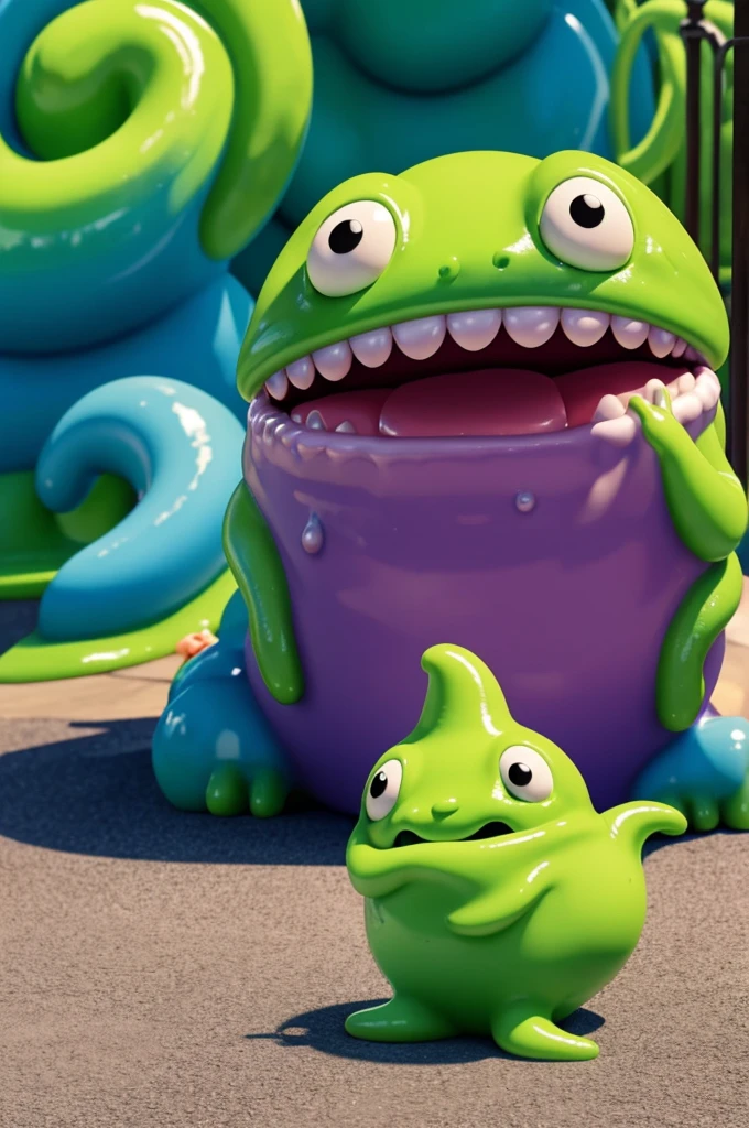 slimey the slime monster, animated, cute, happy, mascot for slime theme park 