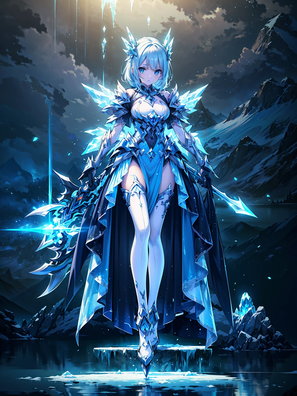 (((masterpiece, best quality, high detailed, 8k))) Design a layout showcase Gaming character, (1girl). Blue|White clothes, stylish and unique. ((showcase weapon:1.4)), ice spear. (masterpiece:1.2), (best quality), 4k, ultra-detailed. (Step by step design, layout art:1.5), (luminous lighting, atmospheric lighting). ice queen, ((glove full hands)), (((revealing clothes:1.3))), vambraces, armored legwear, (((full_body_shot:1.4))). {On a frozen lake}.