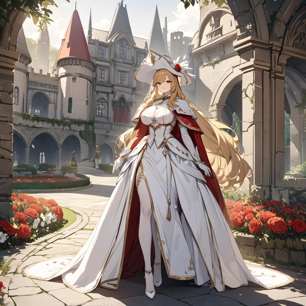 A woman wearing a white madame dress, white gloves, a white madame hat with a red flower, white heels, red eyes, blonde hair, long hair, big breasts, long red fur cape, walking outside a luxury castle, overlooking a luxury garden with medieval decoration of the location,
 UHD, prime work, accurate, anatomically correct, textured skin, super details, high quality, best quality, 8k, high resolution, bokeh effect. (woman alone)