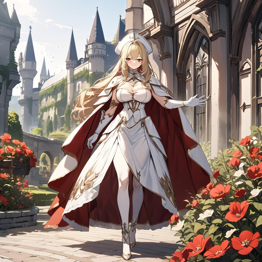 A woman wearing a white madame dress, white gloves, a white madame hat with a red flower, white heels, red eyes, blonde hair, long hair, big breasts, long red fur cape, walking outside a luxury castle, overlooking a luxury garden with medieval decoration of the location,
 UHD, prime work, accurate, anatomically correct, textured skin, super details, high quality, best quality, 8k, high resolution, bokeh effect. (woman alone)