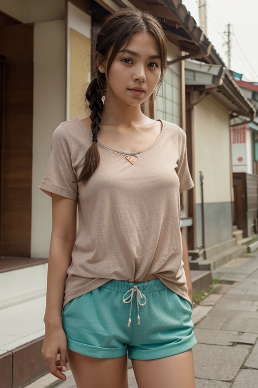 standing upright, ((different a girl faces, America, Russia, Korea, Japan, Ukraine, Indonesia, Philippines, Turkey)). (various styles and hairstyles, short, long, hair tied or loose), body facing the camera, The hands are very detailed). fingers visible. The results of the photo of the body perpendicular to the camera are visible up to the knees. close-up image of a woman with a different color top, and different color short trousers. 1girl.