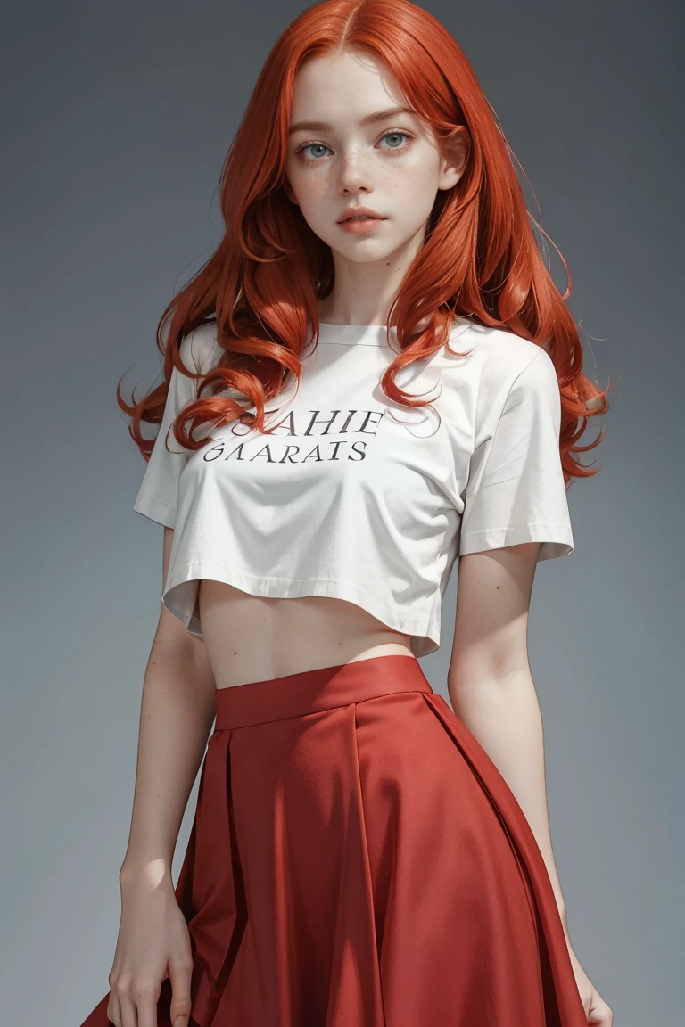 15 years old ginger girl, freckled face, face freckles, rosy, contemptuous look, 1 girl, solo, voluminous curly long red hair,pale skin, big bust, stand sexy pose, beautiful, ((skirt)), ((crop tshirt)), cold palette, simple background
