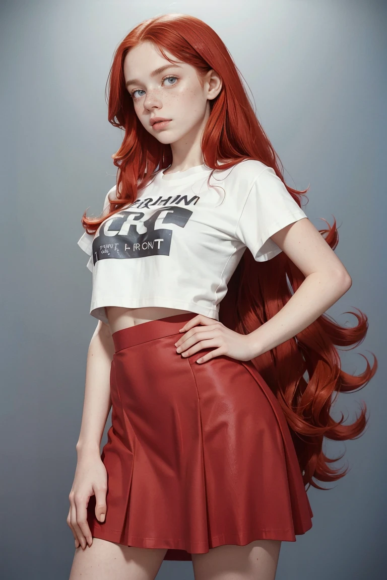15 years old ginger girl, freckled face, face freckles, rosy, contemptuous look, 1 girl, solo, voluminous curly long red hair,pale skin, big bust, stand sexy pose, beautiful, ((skirt)), ((crop tshirt)), cold palette, simple background
