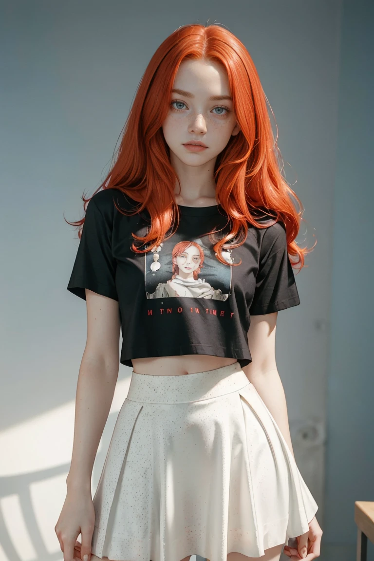 15 years old ginger girl, freckled face, face freckles, rosy, contemptuous look, 1 girl, solo, voluminous curly long red hair,pale skin, big bust, stand sexy pose, beautiful, ((skirt)), ((crop tshirt)), cold palette, simple background
