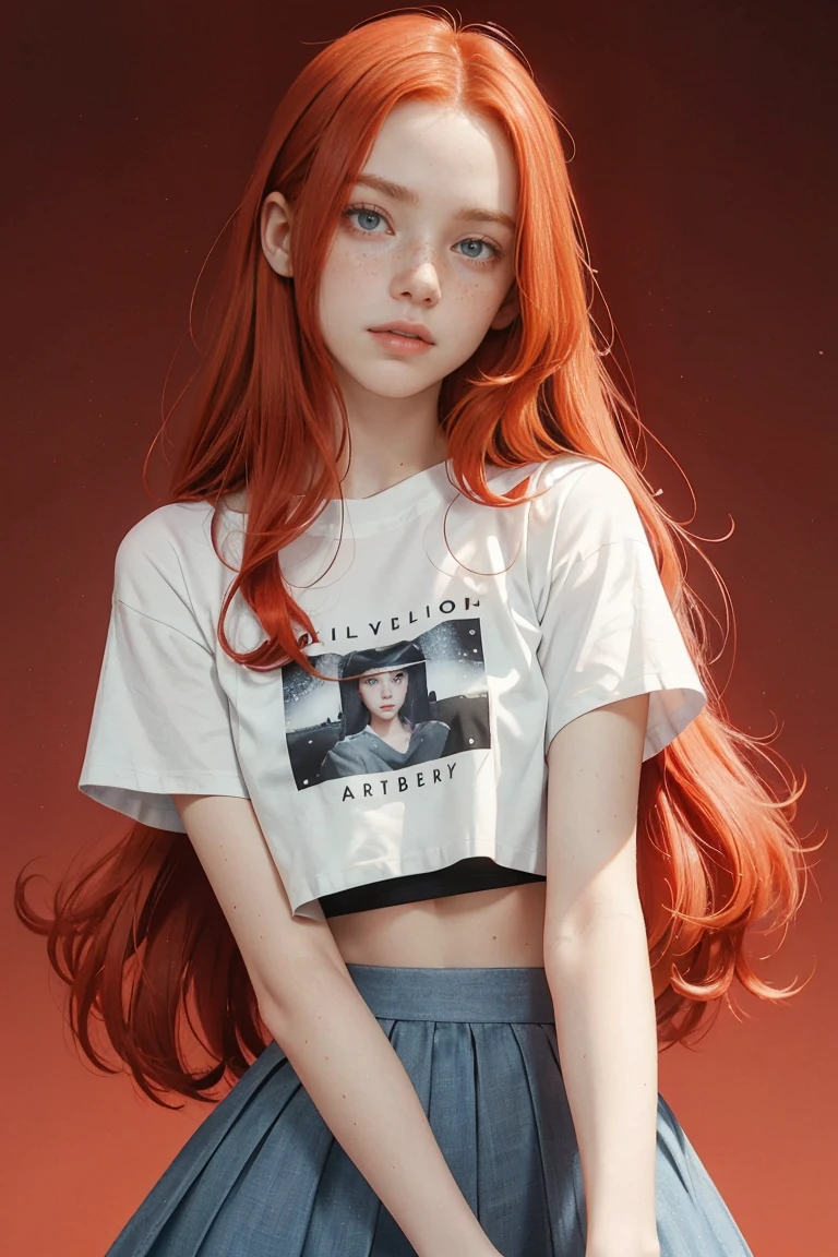 15 years old ginger girl, freckled face, face freckles, rosy, contemptuous look, 1 girl, solo, voluminous curly long red hair,pale skin, big bust, stand sexy pose, beautiful, ((skirt)), ((crop tshirt)), cold palette, simple background
