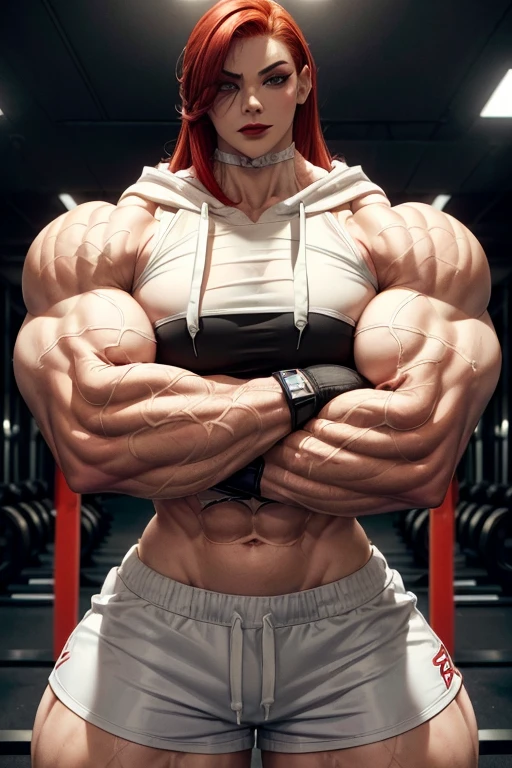 ((((Massive tall, beautiful, buff, pale white skinned muscular asian woman with red hair, black lipstick, ginormous bulky muscles, crossed arms, and wearing a white cropped hoodie with gym shorts)))), close view, massive muscle, massive biceps, hyper muscle shoulders, massive muscle arms, vascular shoulders, hyper muscle triceps, (long hair), yellow eyes, choker, sneakers, (crossed arms), in a hot outdoors gym, (fingerless gloves), closed smile, night, hyper vascular arm, hyper muscles arms, hyper muscle legs, massive arms.
