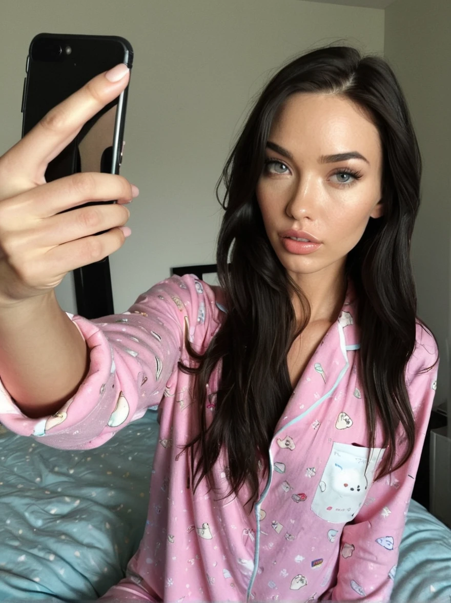 a realistic selfie miror instagram photo of a [ really beautiful exotic androgynous supermodel 19 year old woman] , with [long, dark hair] , looks like [Megan FOX] and [Adriana Lima], light makeup, looking [innocent, cute, flushed] , morning, pyjama bedroom [light] skin --ar 9:16 --stylize 750 --v 6