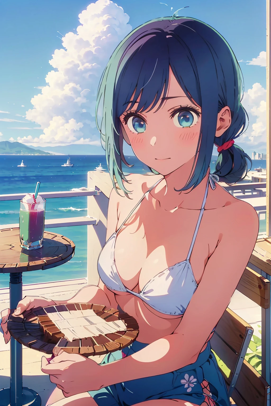 (Highest quality:1.4、8K:1.4、detailed)、F cup bust、Big Breasts、Slim body、Very white beautiful skin、((((1 person、Surprised expression、sit、Chair、In the background are the urban buildings of Tokyo、looking at the camera、Outdoor café terrace、coastal、Navy hair color、juice、White side string high leg bikini、Shooting from a distance、table、Very cute face))))、(Low ponytail:1.4)、Very blue sky、A completely cloudless sky