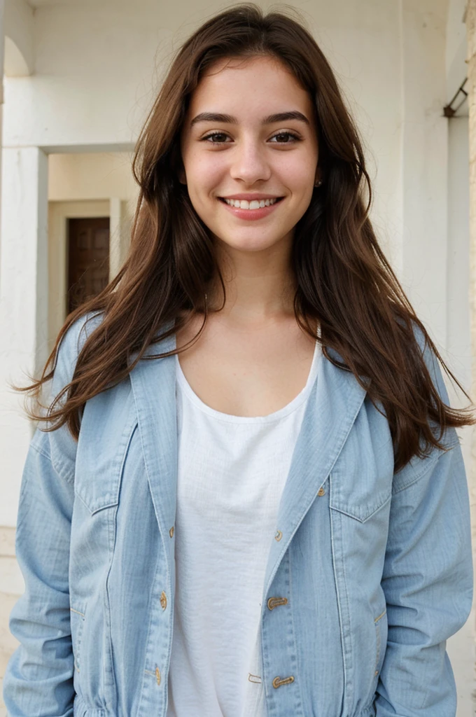 one cute women, 20YO, white, Arab, cute face, realistic brown eyes, blue jacket, brown hair, cute smile, skinny face, white realistic teethes, big eyes, long hair