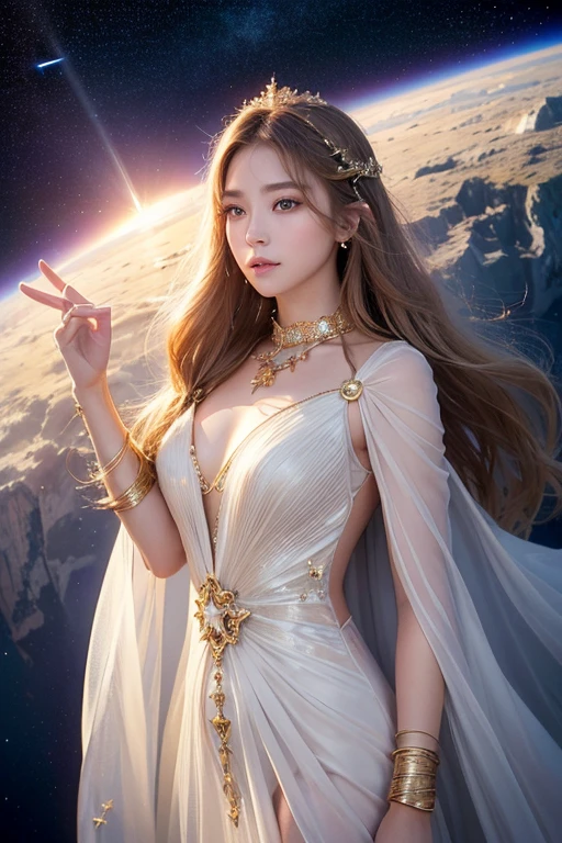 (masterpiece、Highest quality、High resolution、8K、16K)、((Alone in space、Beautiful Goddess、Standing posture、フローティング in the sky like a star))、(whole body)、Golden Cape、White long dress、No sleeve、Gold Bracelet、Blonde Hair、Beautiful brown eyes、Detailed face、Graceful operation、Close your eyes and spread your arms out to the sides、Palm facing up、Professional Lighting、The universe is full of light、Countless stars and nebulae、