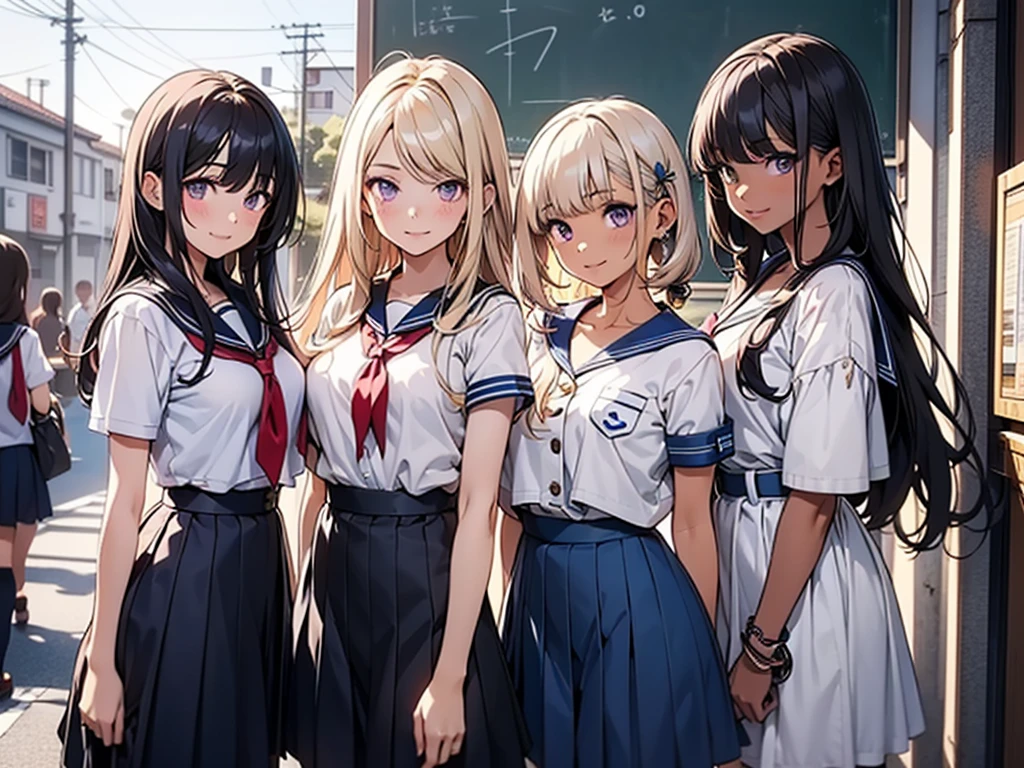 body 8 times longer than head, (Highly detailed CG unity 8k), (highest quality)(very detailed)(ultra high resolution), High school girl wearing a navy sailor suit, Anime 2D rendering, realistic young anime high school girl,light smile, purple eyes, small breasts, tall, slanted eyes, school scenery, bright color, Dark blue skirt,nsfw, nude,3 girl,